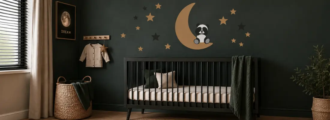 Donkergroene babykamer met okergele maan behangsticker, panda en sterren